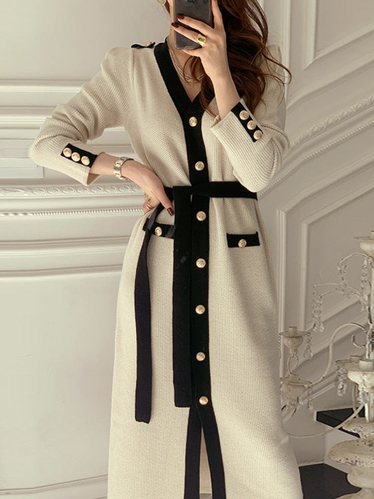 Knitting V-neck Dress