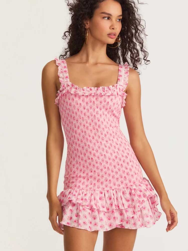 Pink Cotton Floral Ruffled Dress