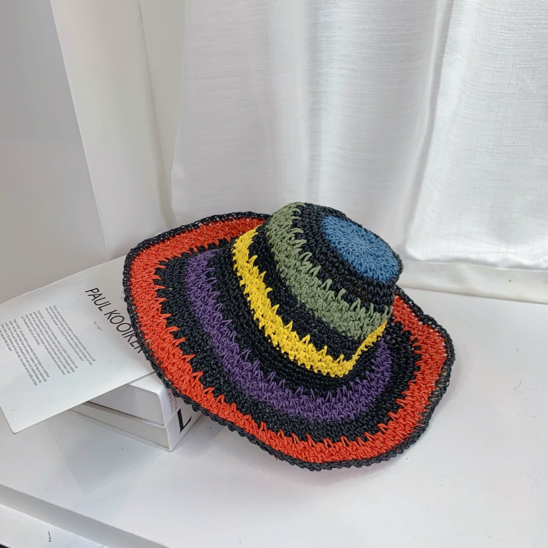 Straw Handmade Rainbow Striped Crochet Bucket Hat