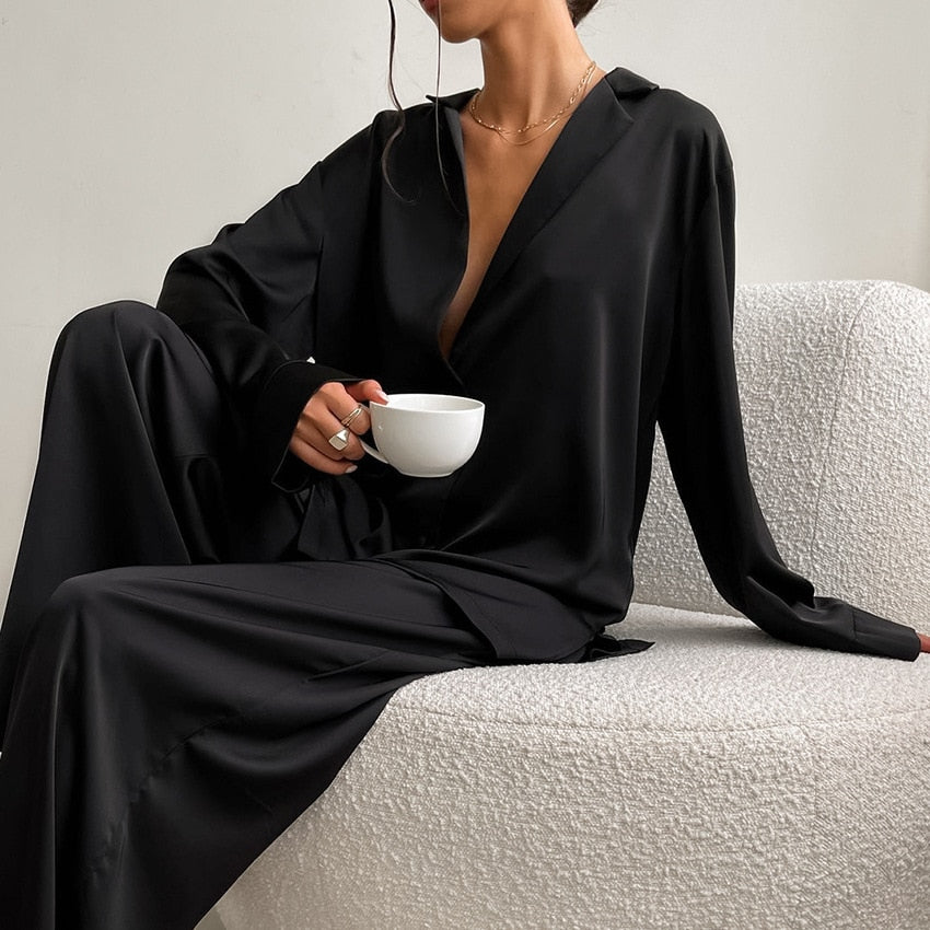 Satin Silk Loose Long Sleeve Pyjama Set