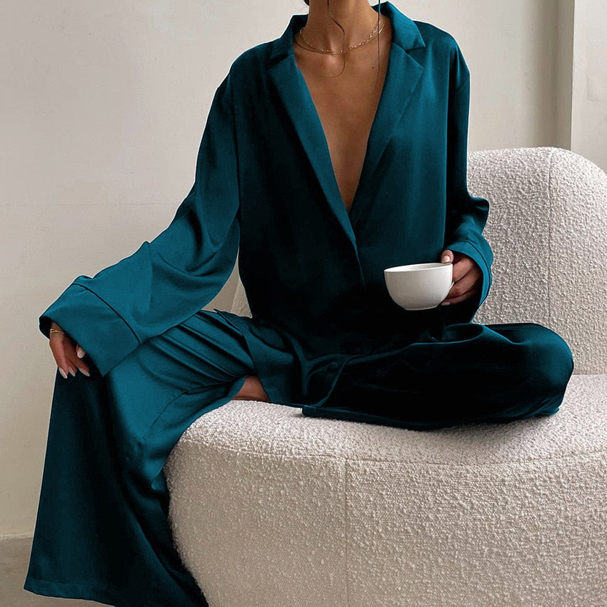 Satin Silk Loose Long Sleeve Pyjama Set