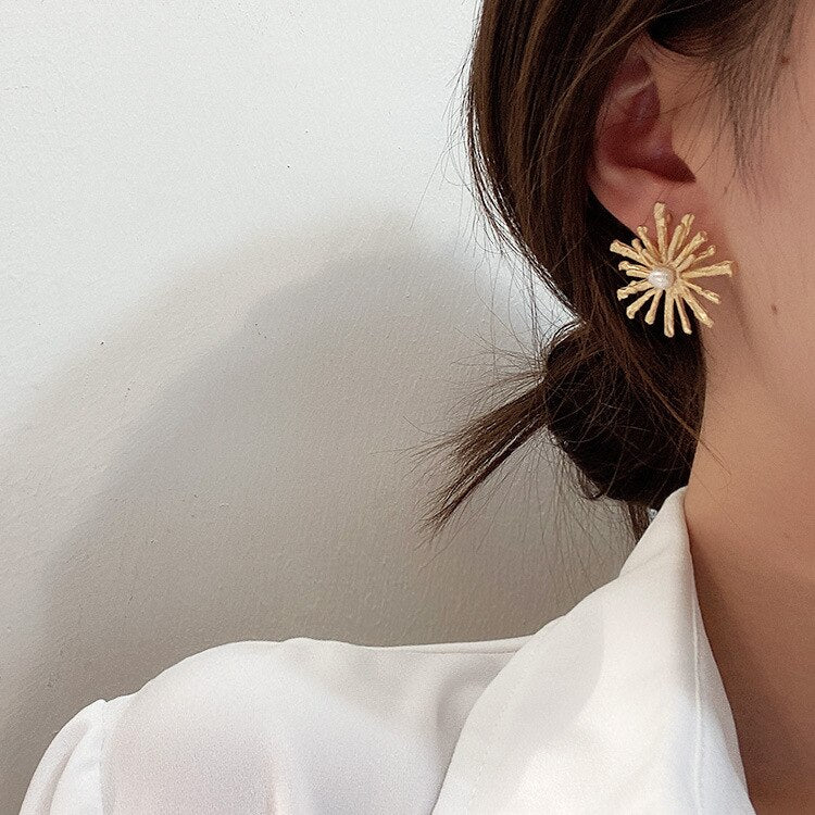 Sunflowers Gold Pearl Earrings