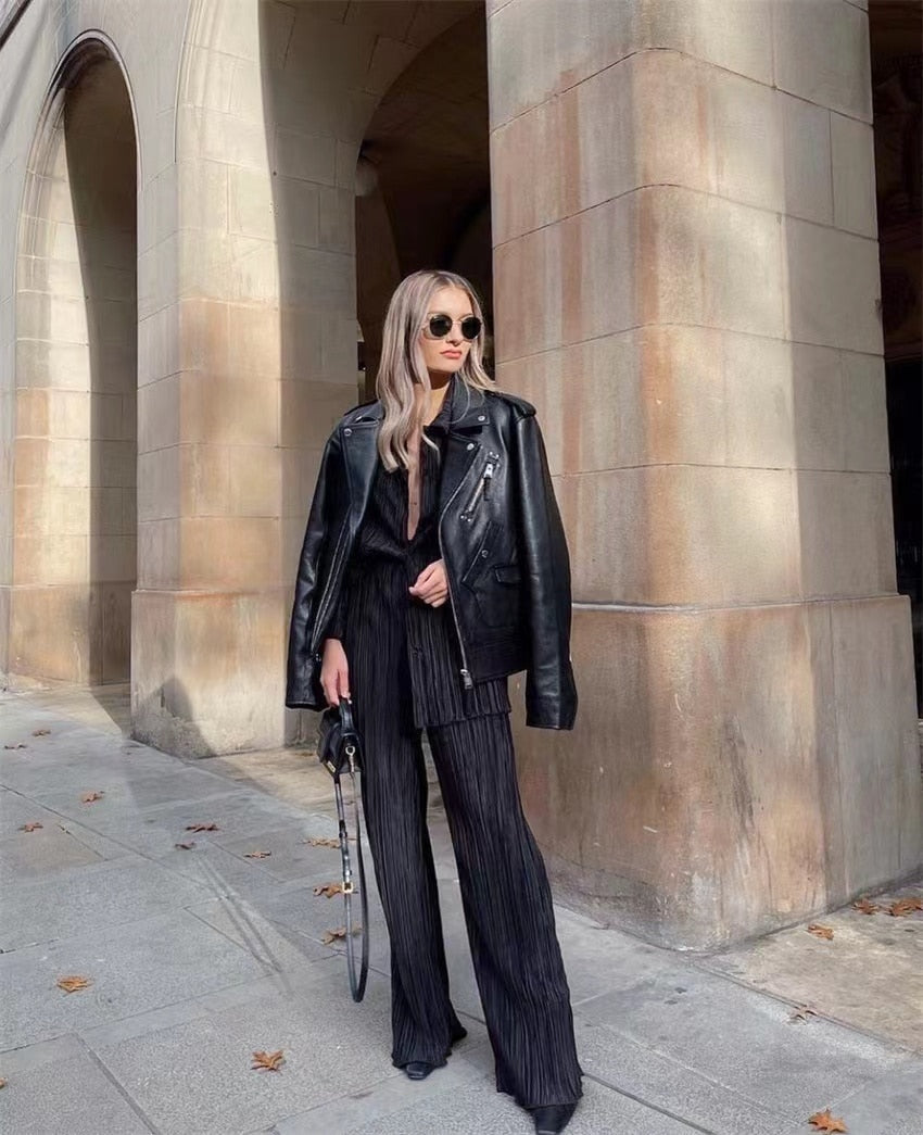 Long Sleeve Blouses+Wide Leg Pants Two Piece Set
