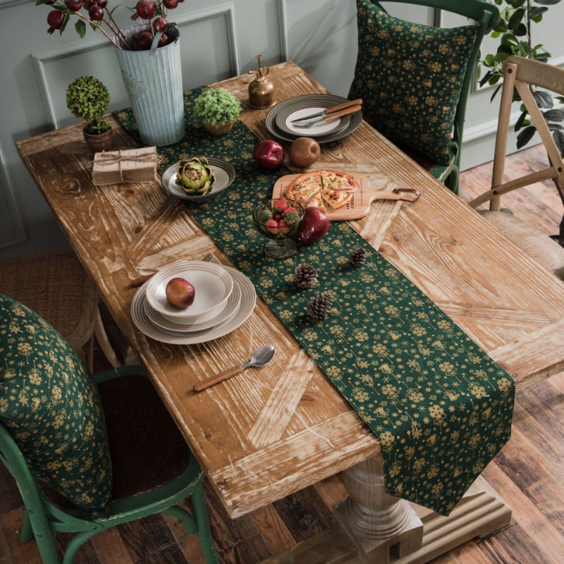 Green Christmas Tree Snowflake Linen Table Runner