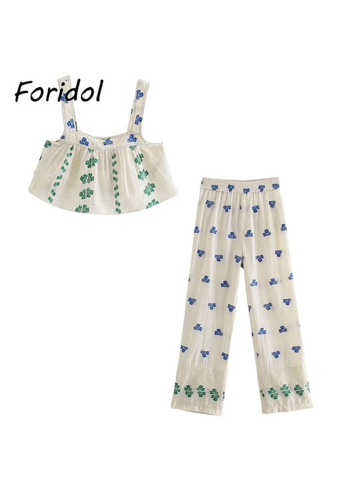 Cotton Linen Beige Folk Two Pieces Set