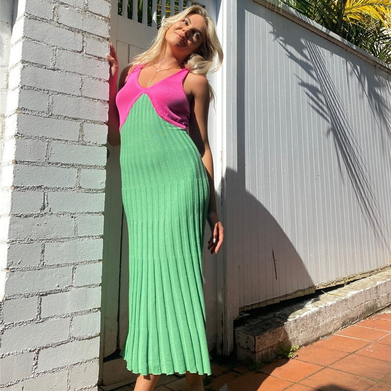 Pink/Green Backless Knit Dress