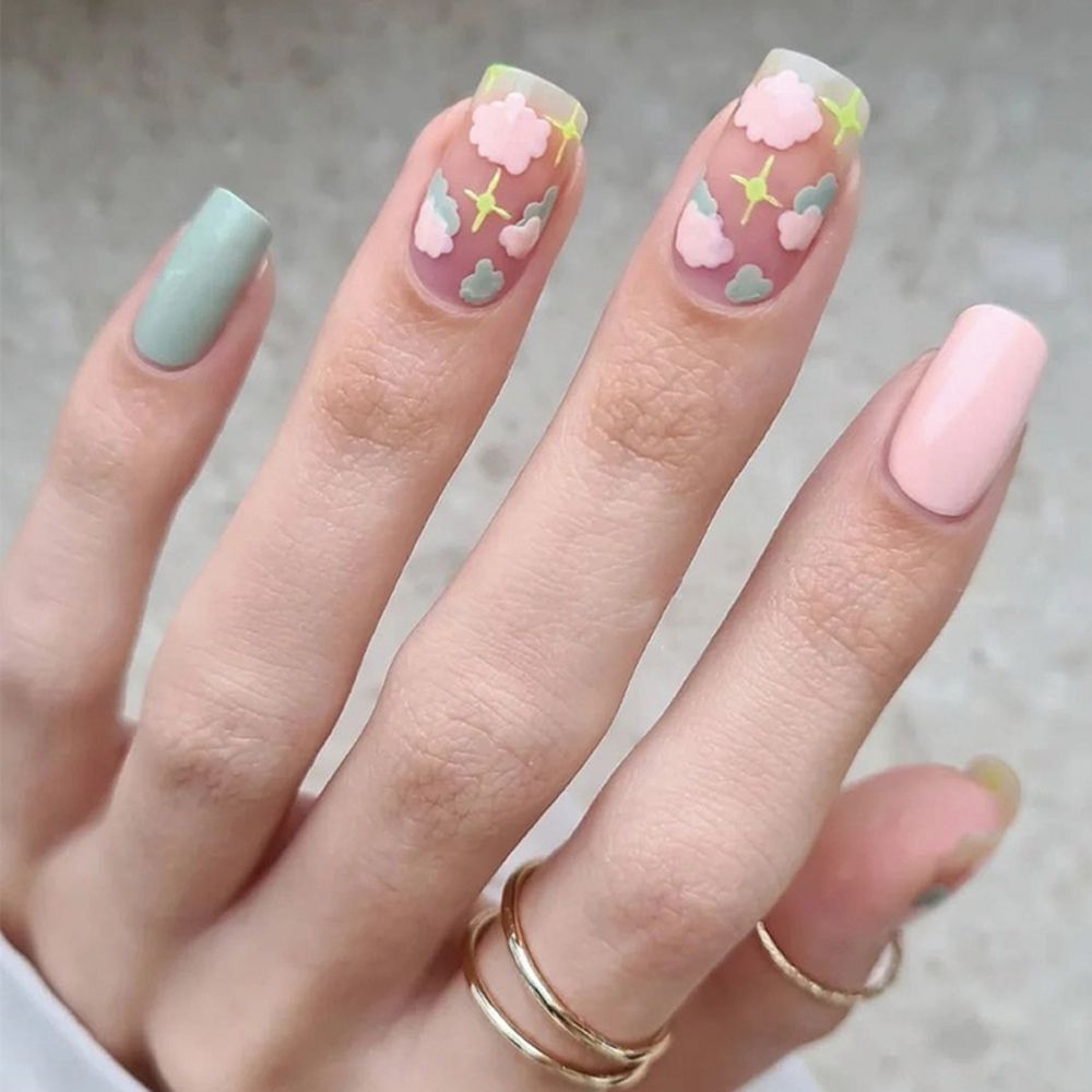 24pcs/Box Pink/Blue Cartoon Flowers Square Press On Nails