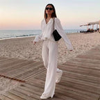 Long Sleeve Blouses+Wide Leg Pants Two Piece Set