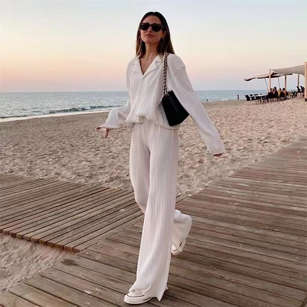 Long Sleeve Blouses+Wide Leg Pants Two Piece Set