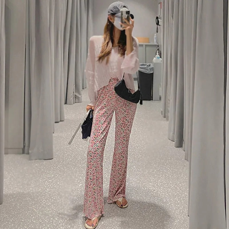 Pink Multicolor Floral Wide Leg Trousers Pants
