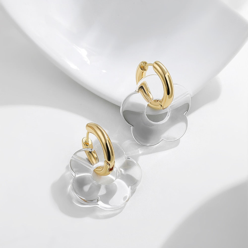 Flower Transparent Resin Geometric Hoop Earrings