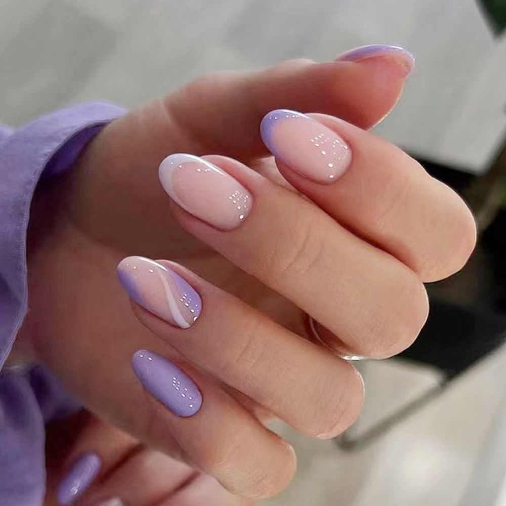 24Pcs/Set Purple/Pink Nude French Stiletto Nails