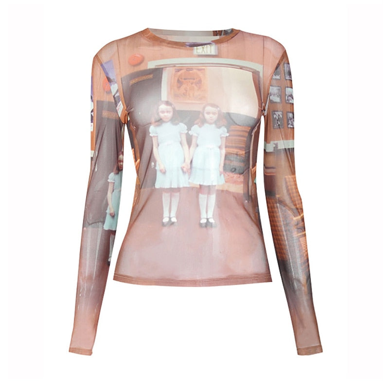 Mesh Crop Top Print See Through Long Sleeve