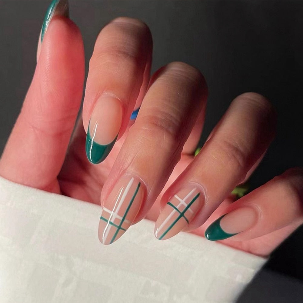 24Pcs Green French Stiletto Press On Nails