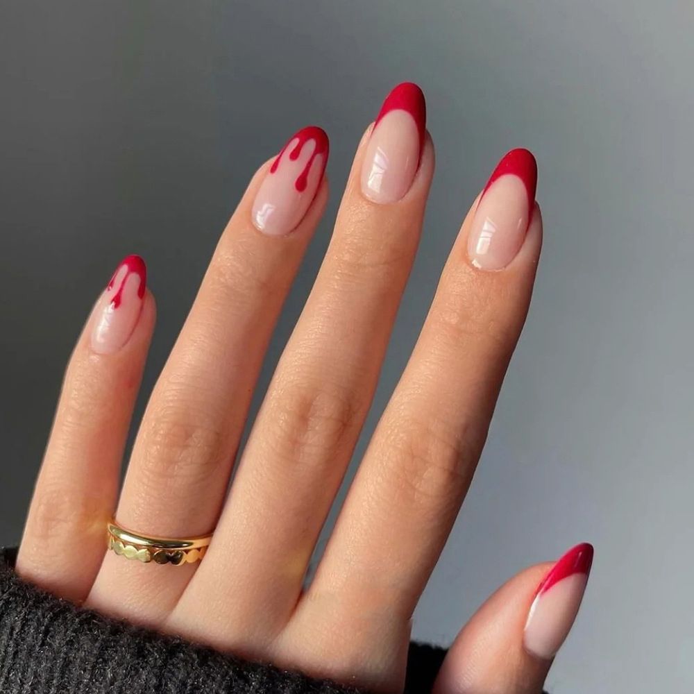 24Pcs/Set Red/Nude Drop French Stiletto Nails