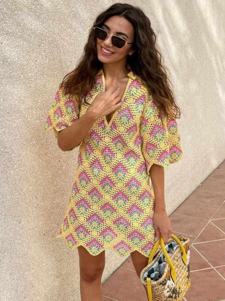 Diamond Pattern Crochet Knitted Dress