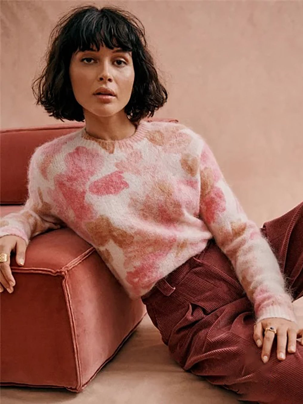 Pink Flower Painting Jacquard Knit Sweater