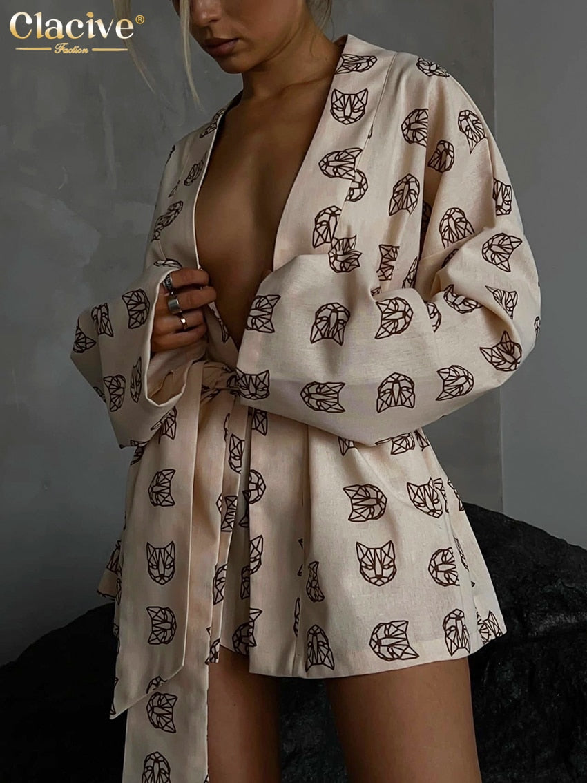Long Sleeve Robes + High Waist Shorts Set