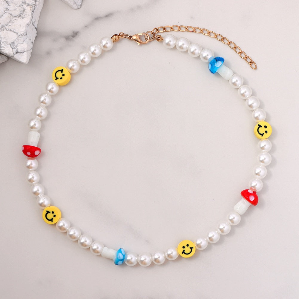 Boho Smiley Pearl Rainbow Choker Necklace