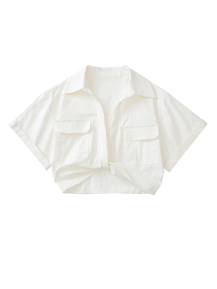 V-Neck Pockets Linen Shirt Top
