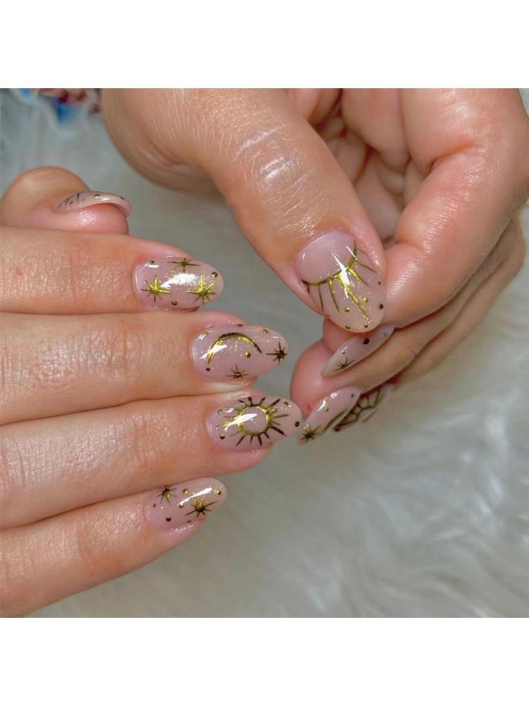 24Pcs/set Press On Nails Gold Line Sun Star Moon