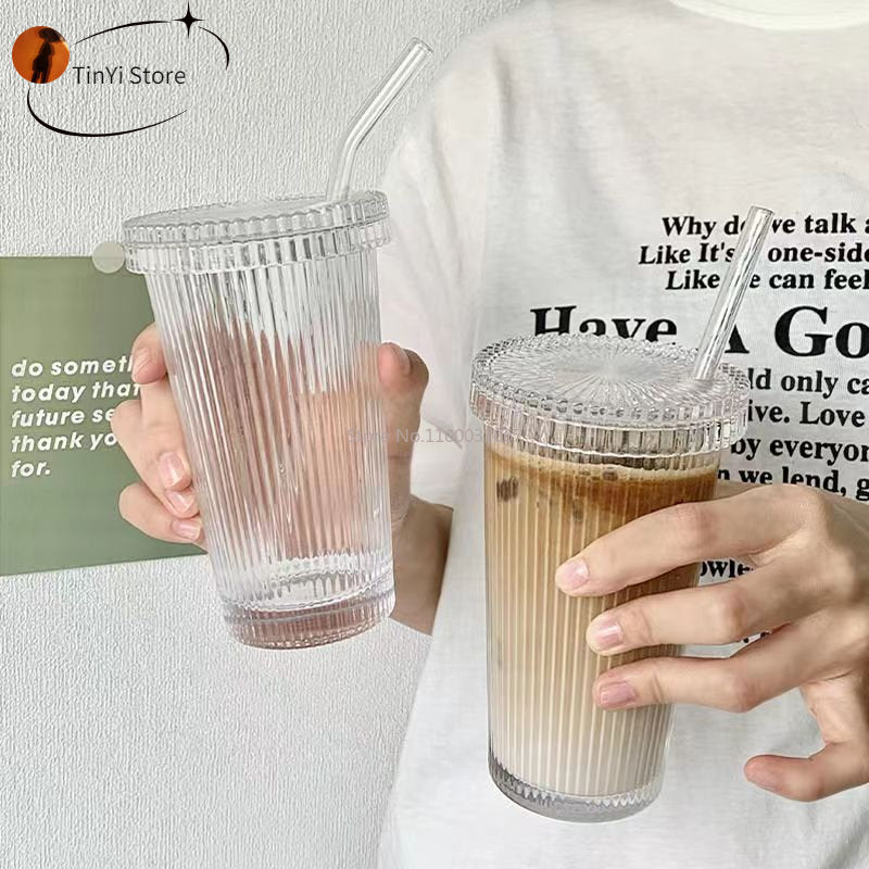 375Ml Stripe Glass Cup with Lip Straw