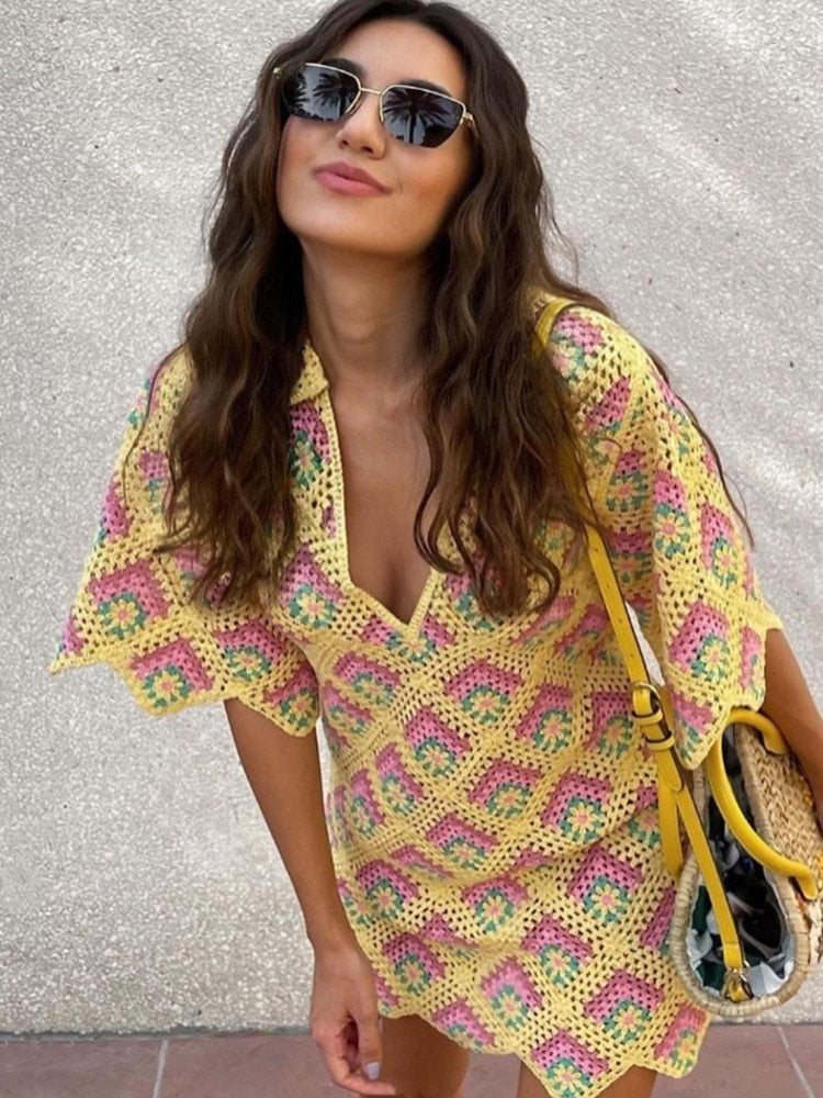Diamond Pattern Crochet Knitted Dress