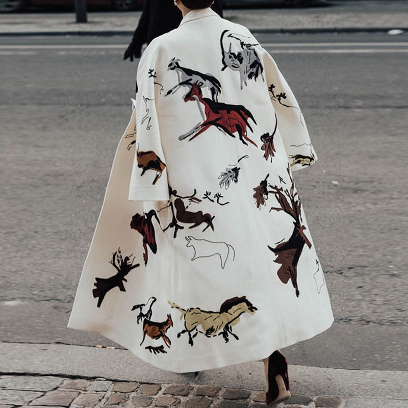 Pattern Print Long Woolen Coat