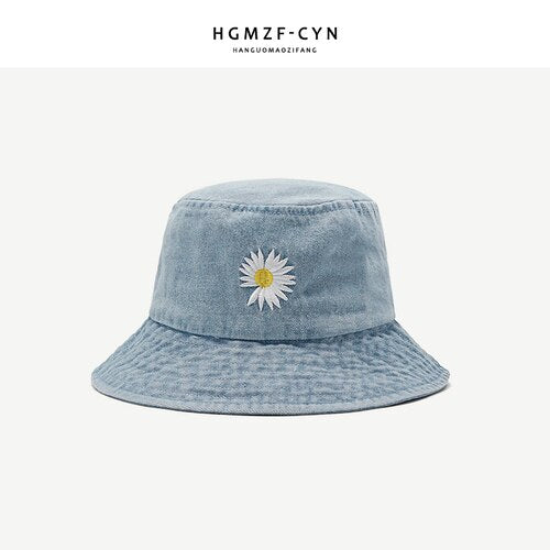 Denim Daisy Embroidery Bucket Hat