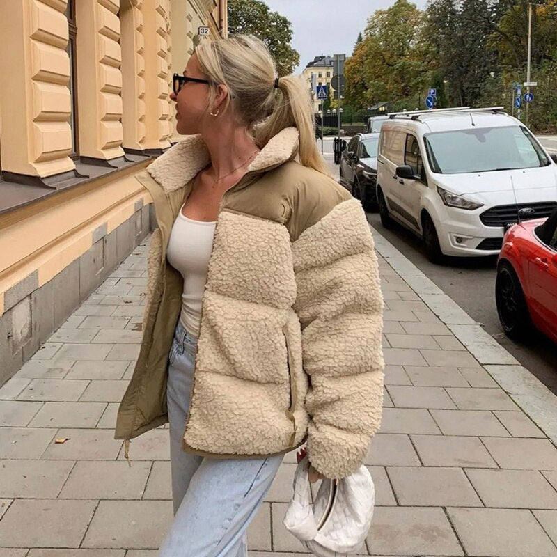 Camel Faux Fur Lamb Puffer Jacket