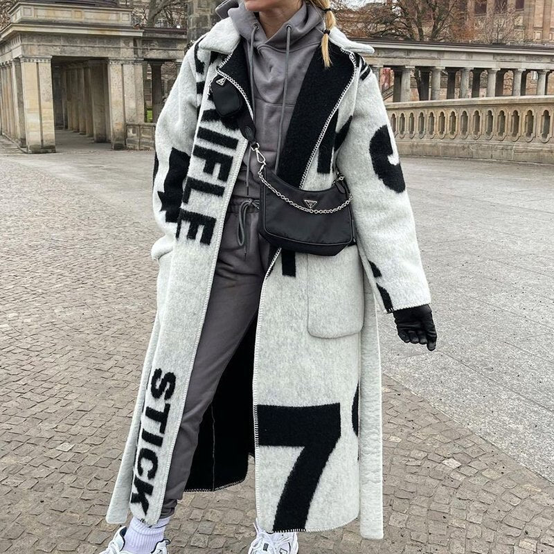 Pattern Print Long Woolen Coat
