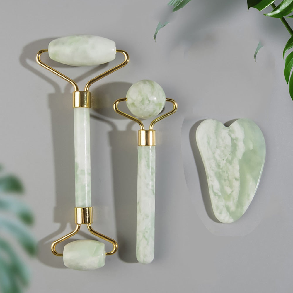 Natural Jade Face Roller Gua Sha Scraper Set
