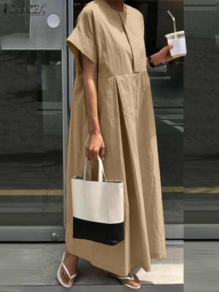 O-Neck Pleated Long Dress