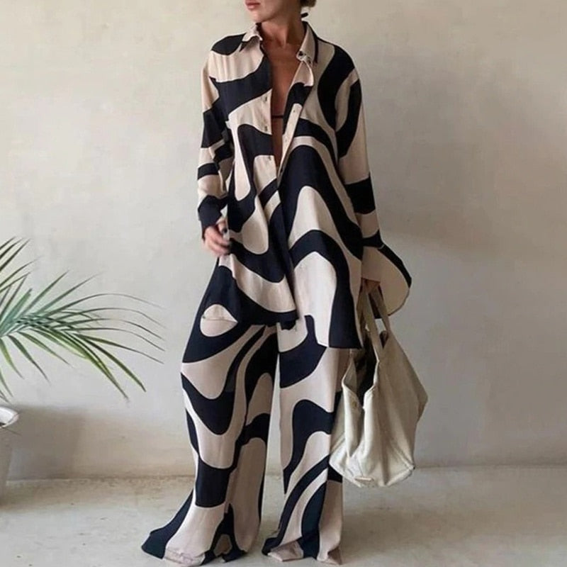 Black Loose Stripe Shirt Pants Two Piece Set