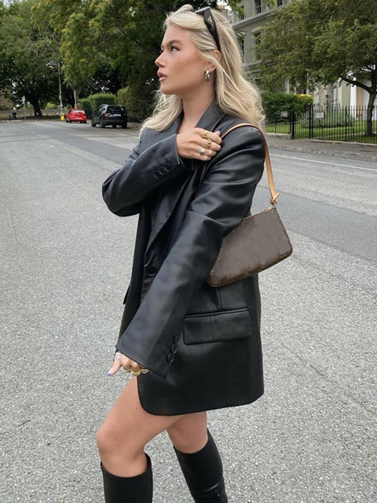 Black Basic Leather Blazer