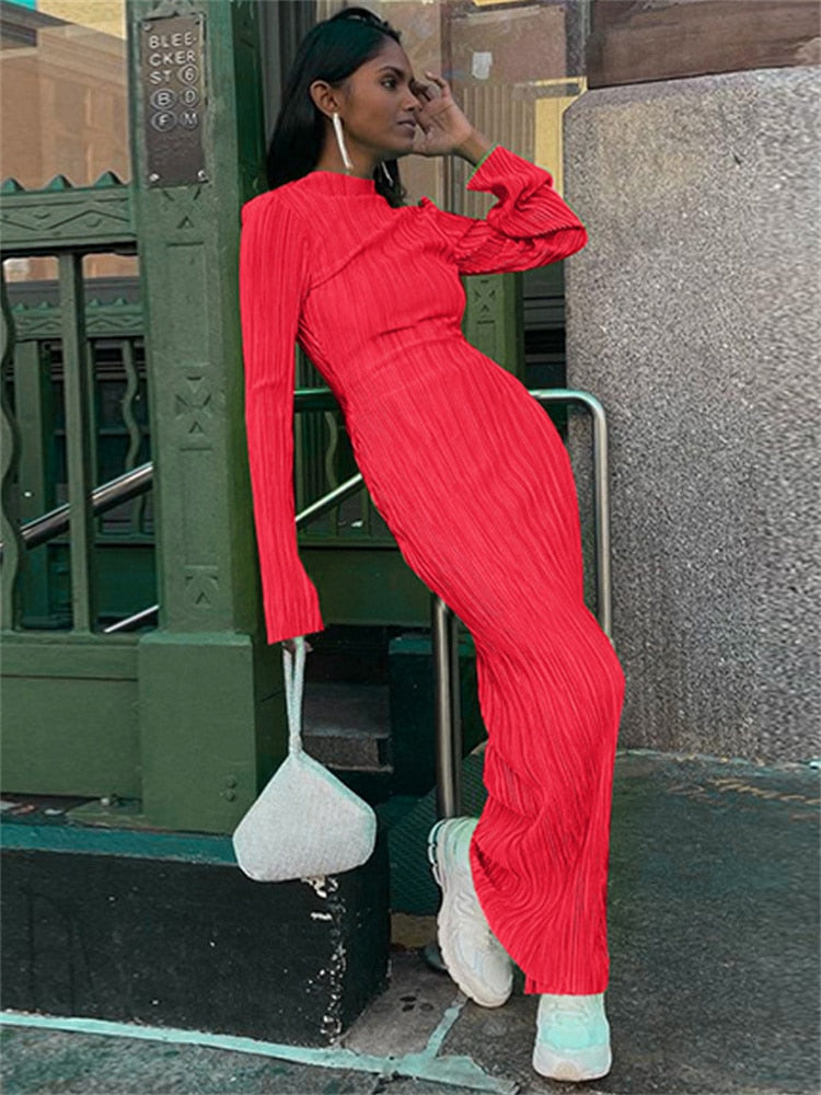 Long Sleeve Bodycon Striped Long Dress