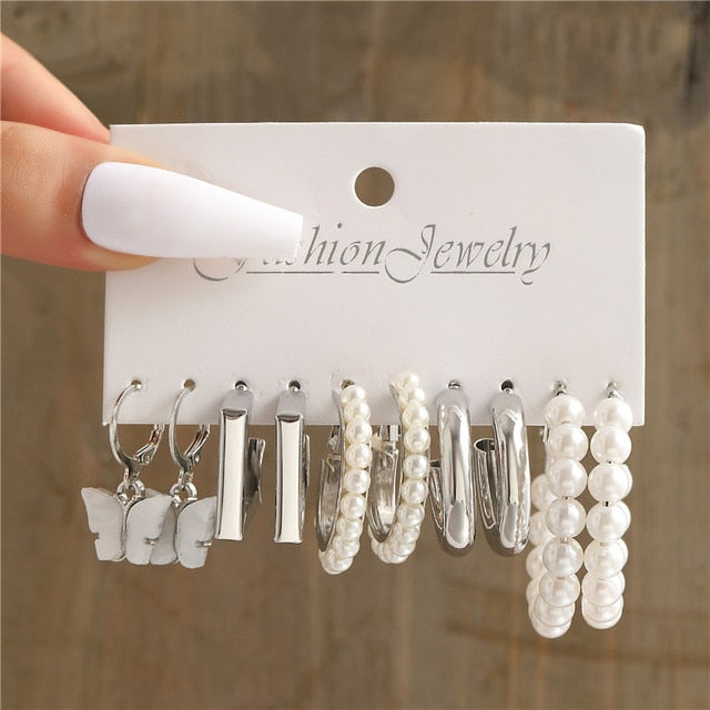 Gold Pearl Hoop Earrings Set