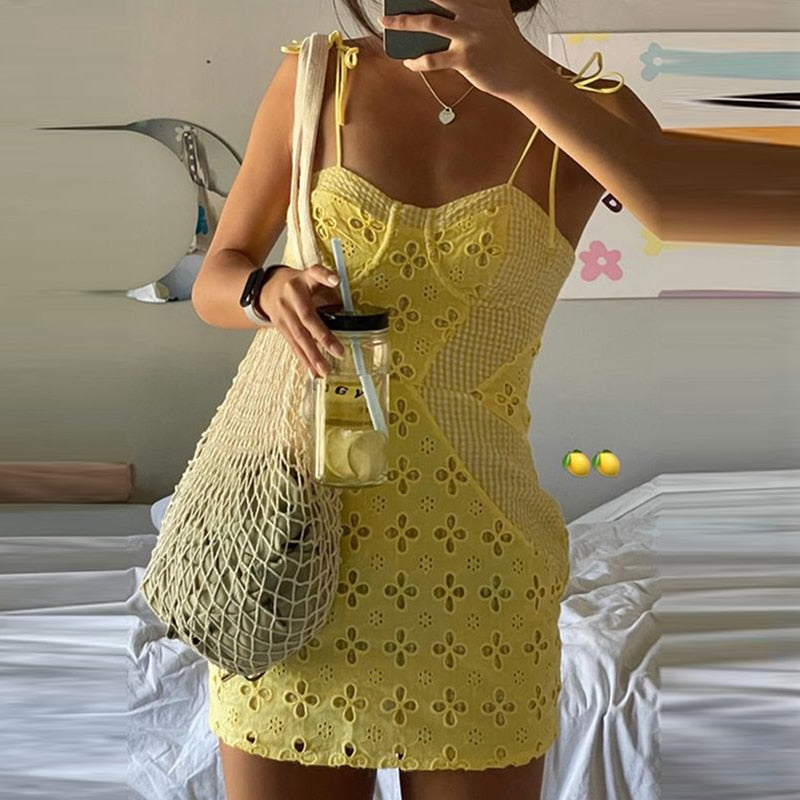 Yellow Floral Hollow Out Mini Dress