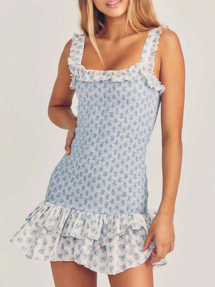 Blue Cotton Floral Ruffled Dress