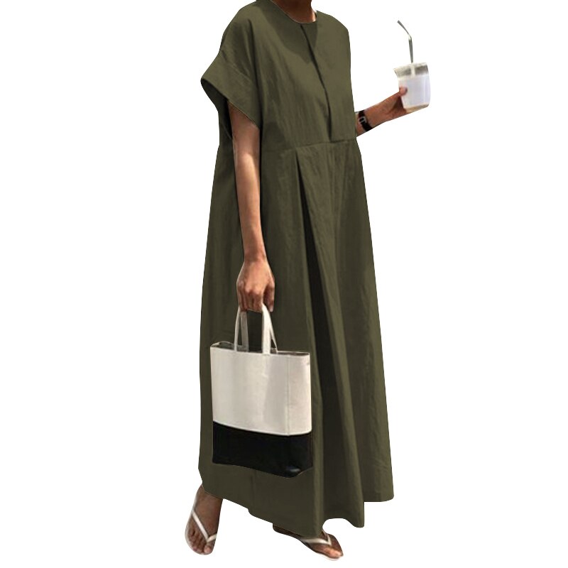 O-Neck Pleated Long Dress