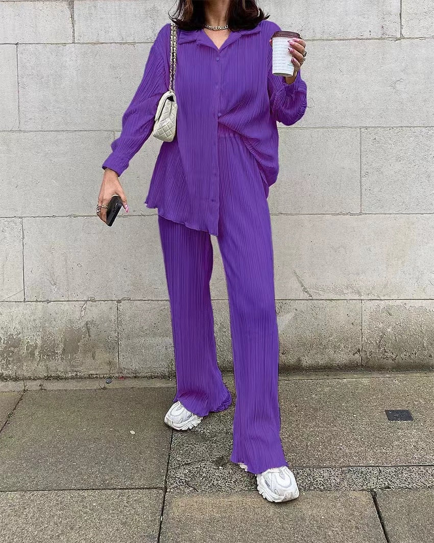 Long Sleeve Blouses+Wide Leg Pants Two Piece Set