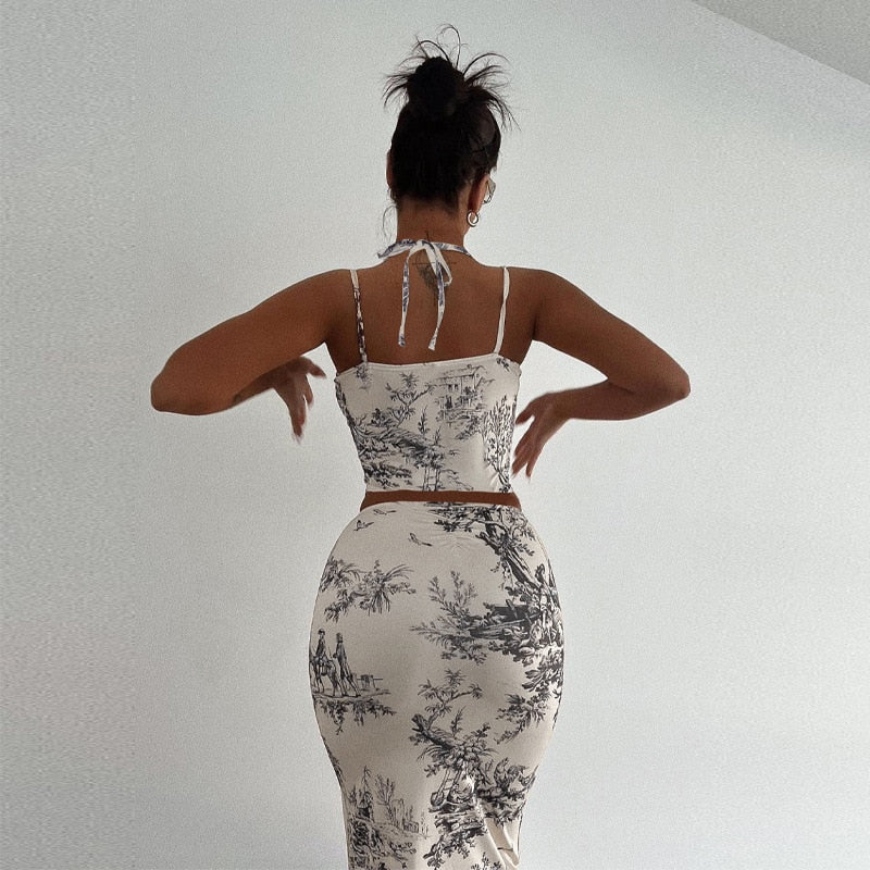 Halter Print Corset Two Piece Set