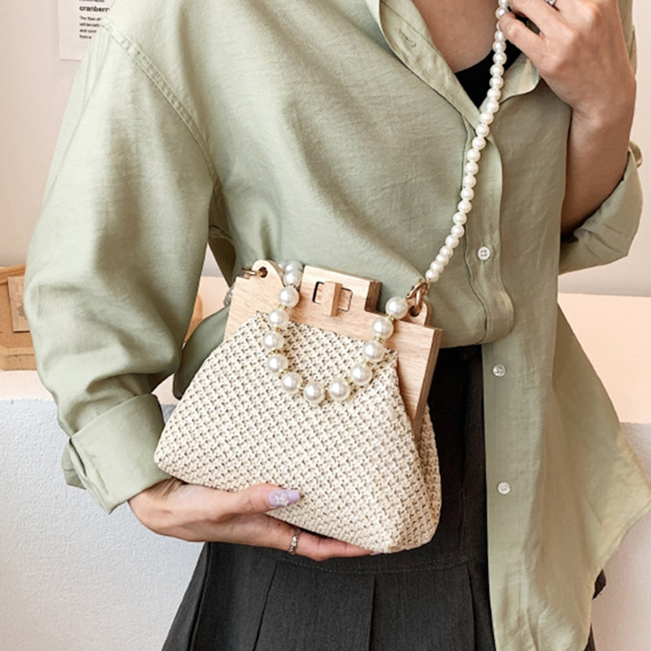 Wooden Straw Clip Bag Pearl Bag