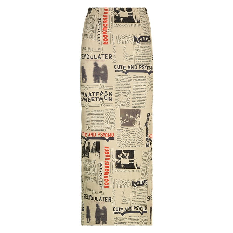 Newspaper Letter Print High Waist Long Skirt
