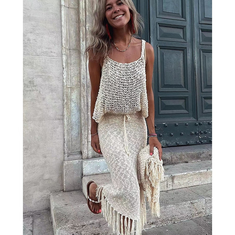 White Knitted Two-piece Set