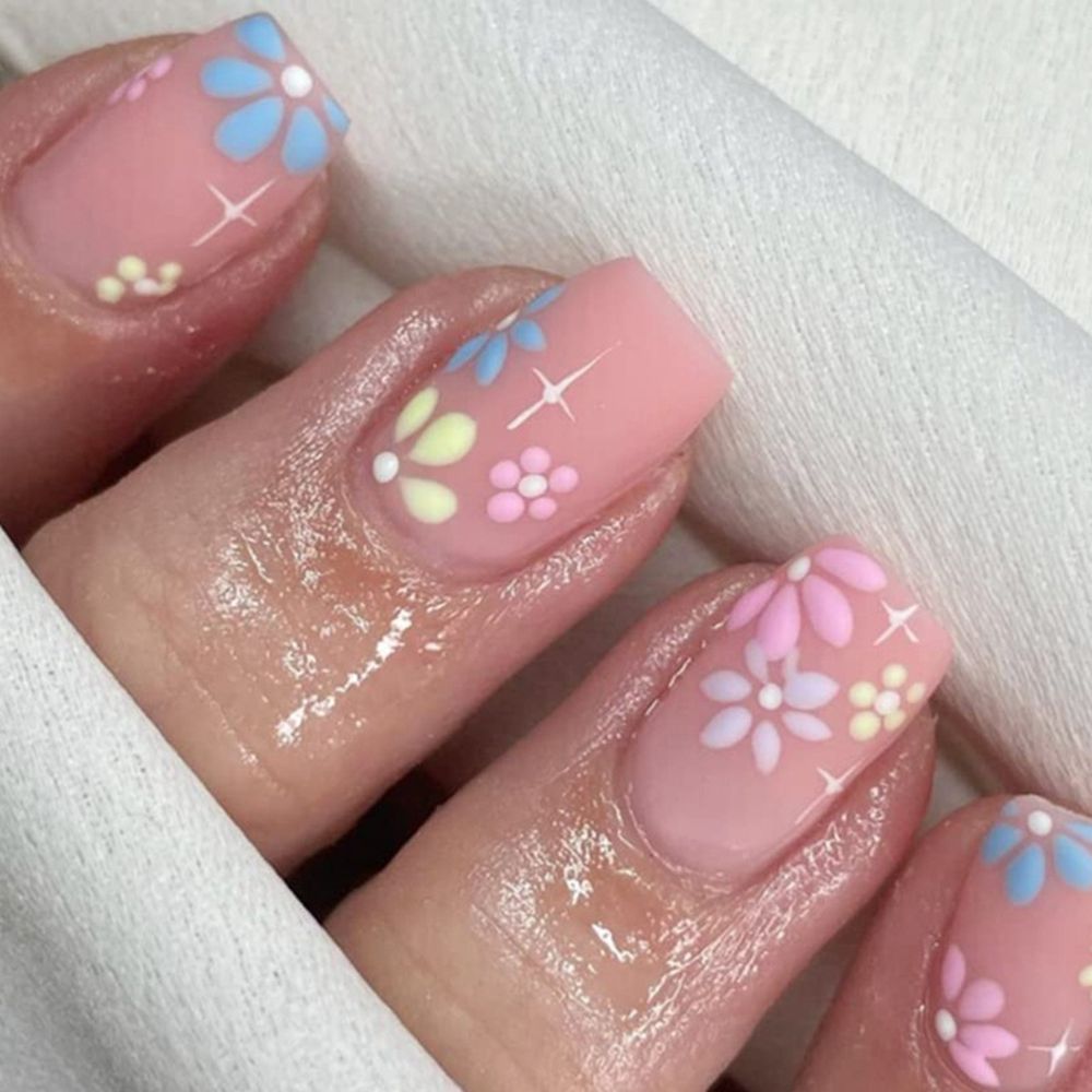 24pcs/Box Wave Line Square Head Press On Nails Pink