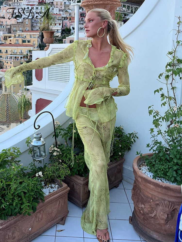 Green Mesh Two Piece Sets