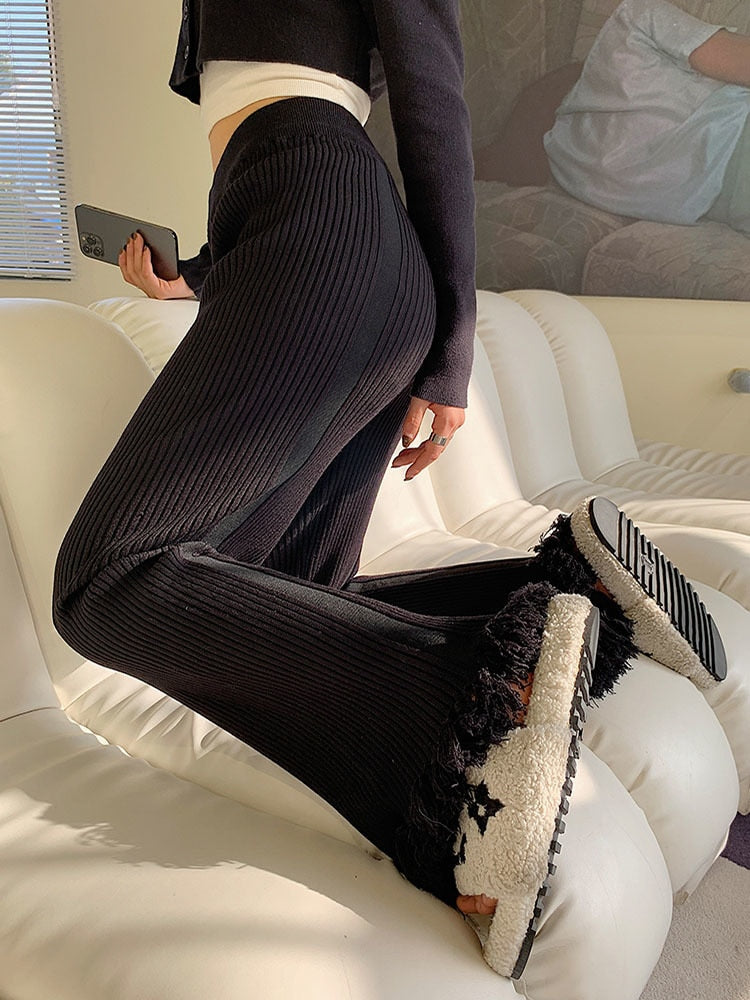 Black Tassel Flare Knitted Pants