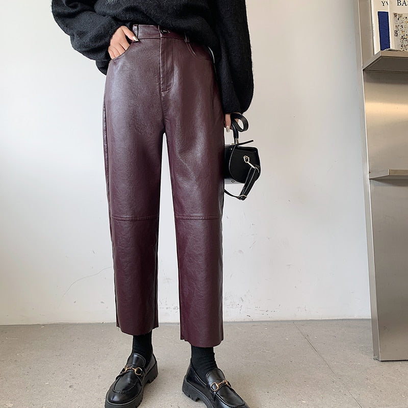 Burgundy Leather Wide Leg Pants