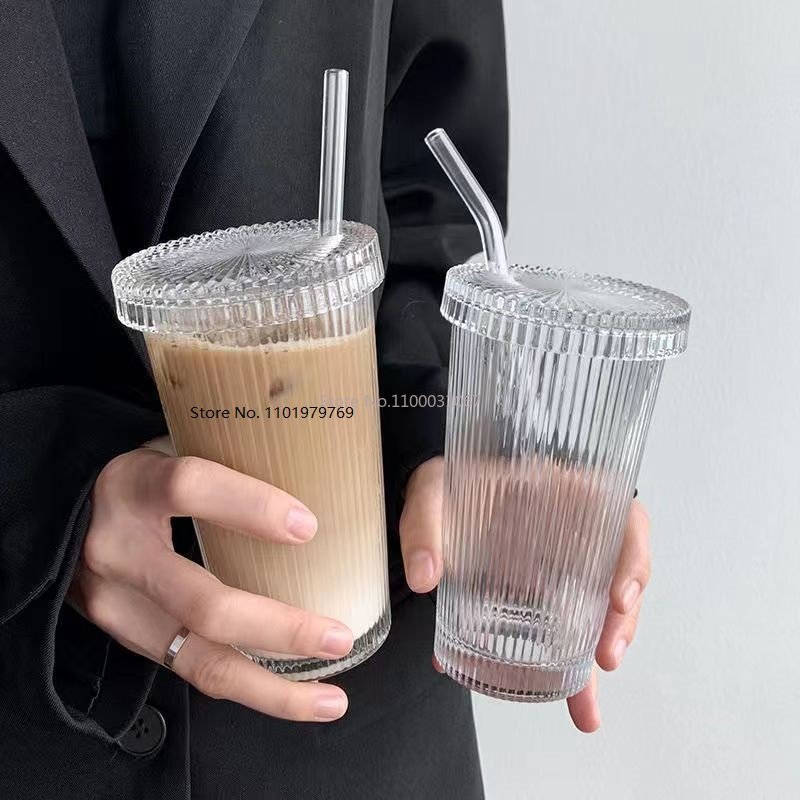 375Ml Stripe Glass Cup with Lip Straw